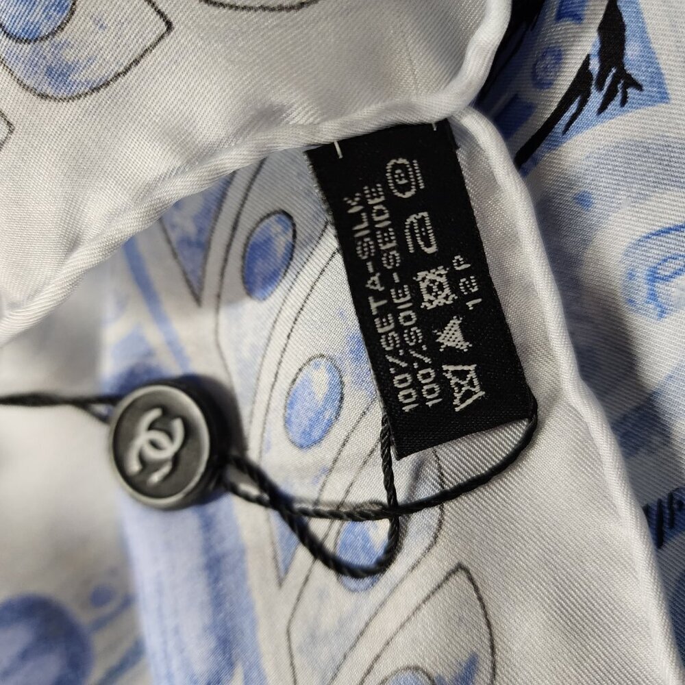 Chanel CC 100%‎ Silk Square Scarf Stole White Blue Women's Rare Italy NWT - Picture 11 of 16